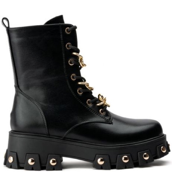 Azalea Wang Black Leather Gold Embellished Lace Up Combat Boots - Picture 3 of 3